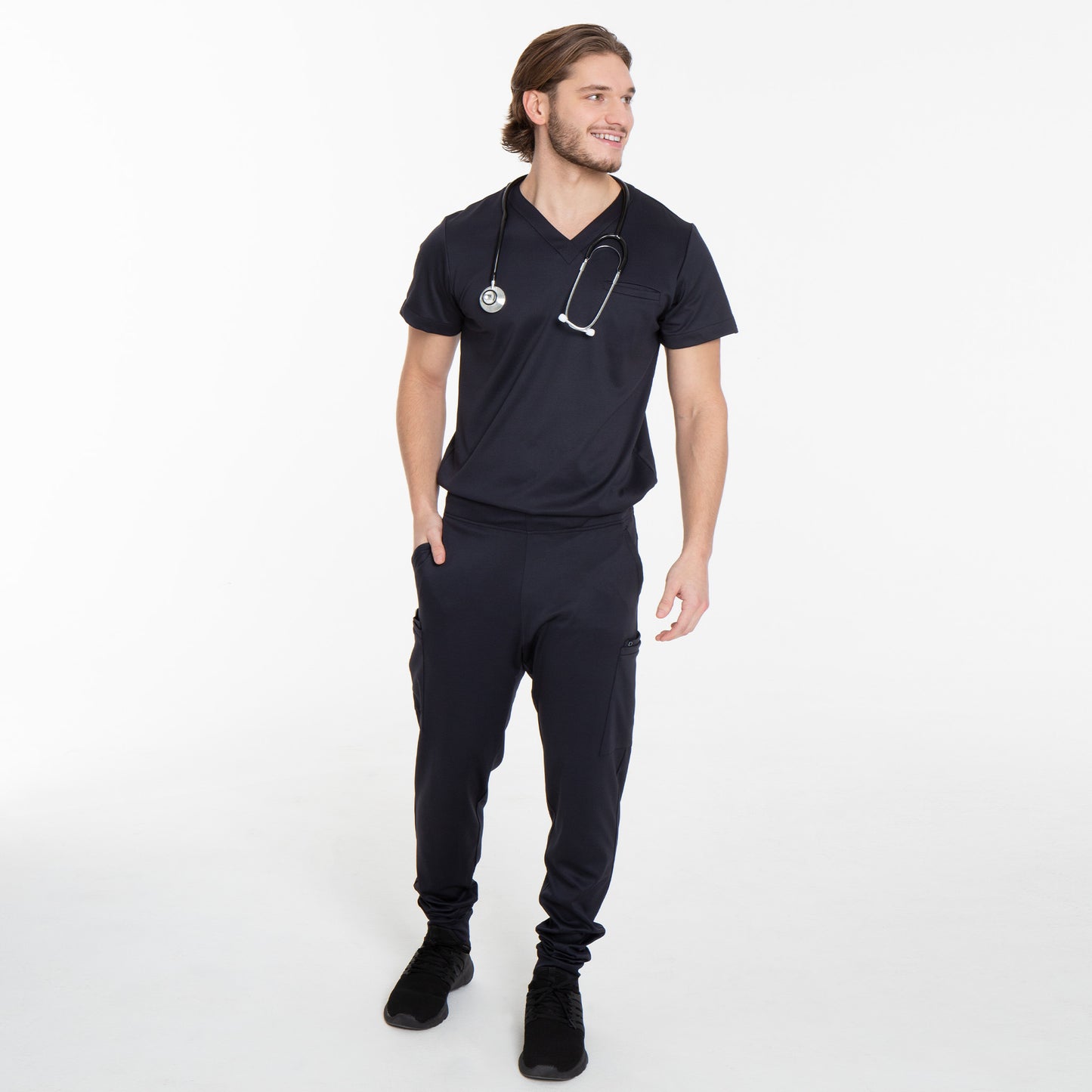 Full body view of men's Argon scrub top in black