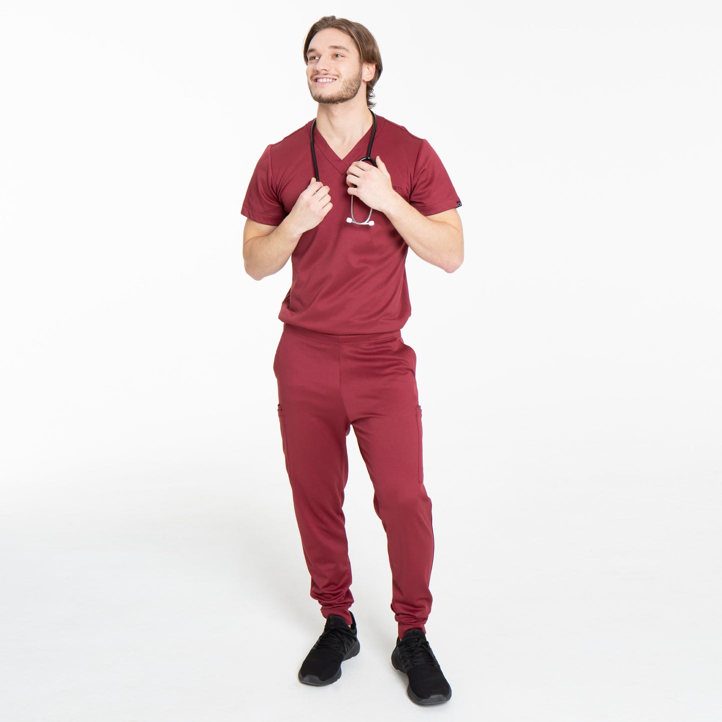 Full body view men's krypton cargo jogger in burgundy